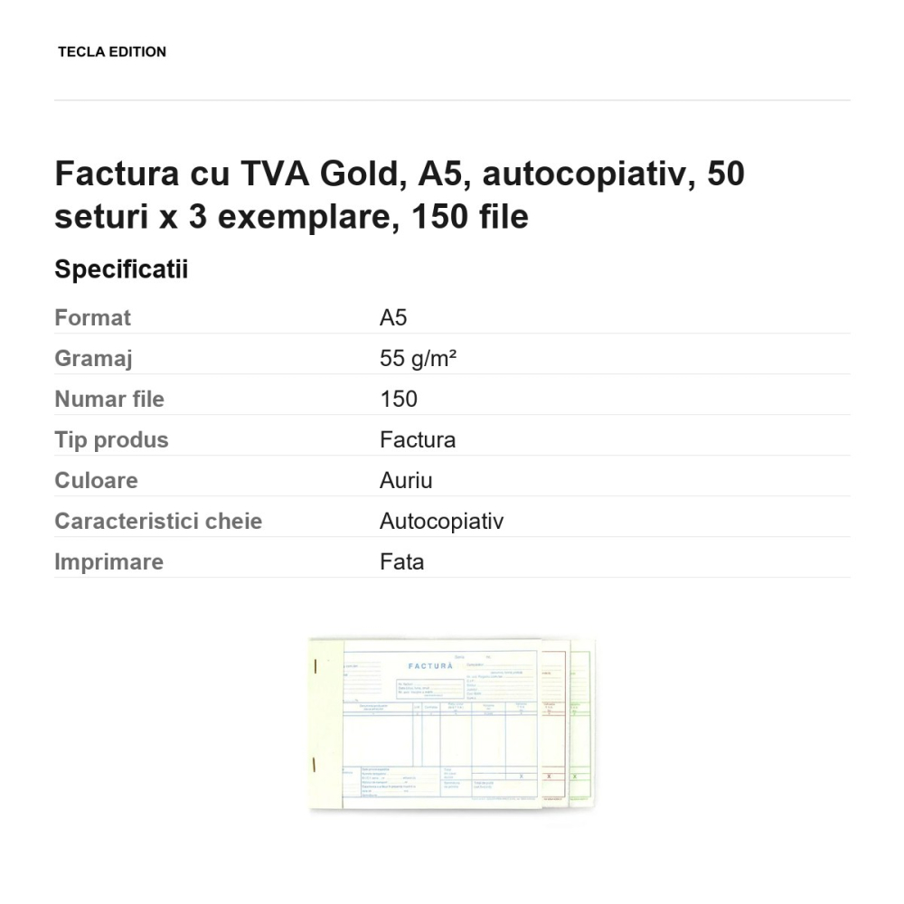 Factura cu TVA Gold, A5, autocopiativ, 50 seturi x 3 exemplare, 150 file [3]