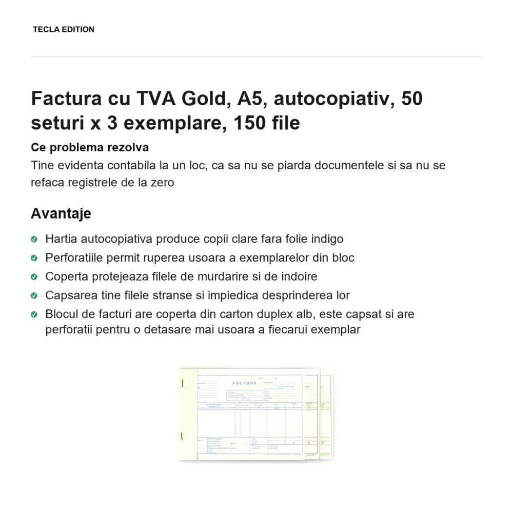 Factura cu TVA Gold, A5, autocopiativ, 50 seturi x 3 exemplare, 150 file [2]