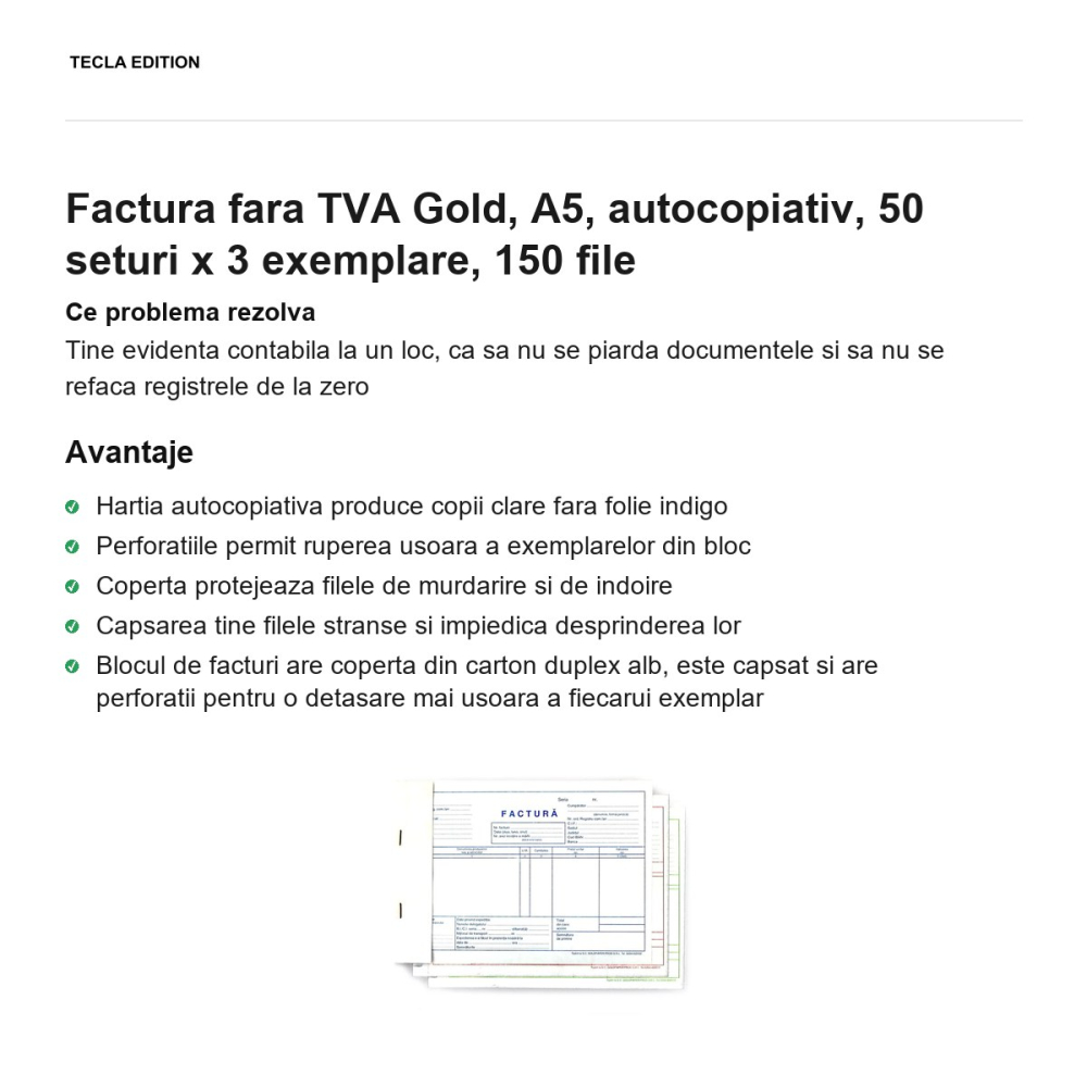 Factura fara TVA Gold, A5, autocopiativ, 50 seturi x 3 exemplare, 150 file [2]