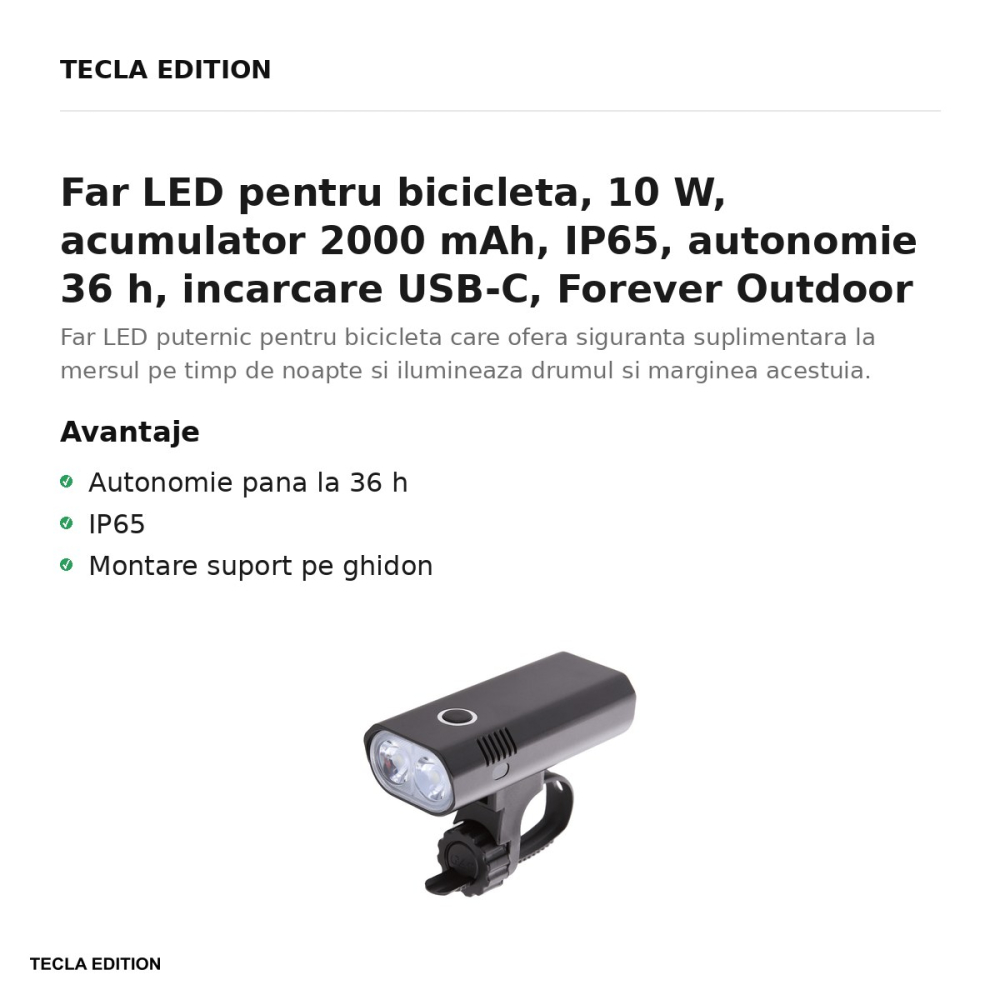 Far LED pentru bicicleta, 10 W, acumulator 2000 mAh, IP65, autonomie 36 h, incarcare USB-C, Forever Outdoor PLR-02, negru [2]