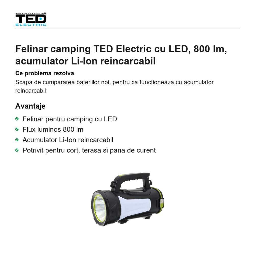 Felinar camping TED Electric cu LED, 800 lm, acumulator Li-Ion reincarcabil [2]