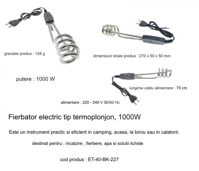 Fierbator electric tip termoplonjon, 1000W, lungime totala 27 cm, cablu alimentare 70 cm, negru [4]