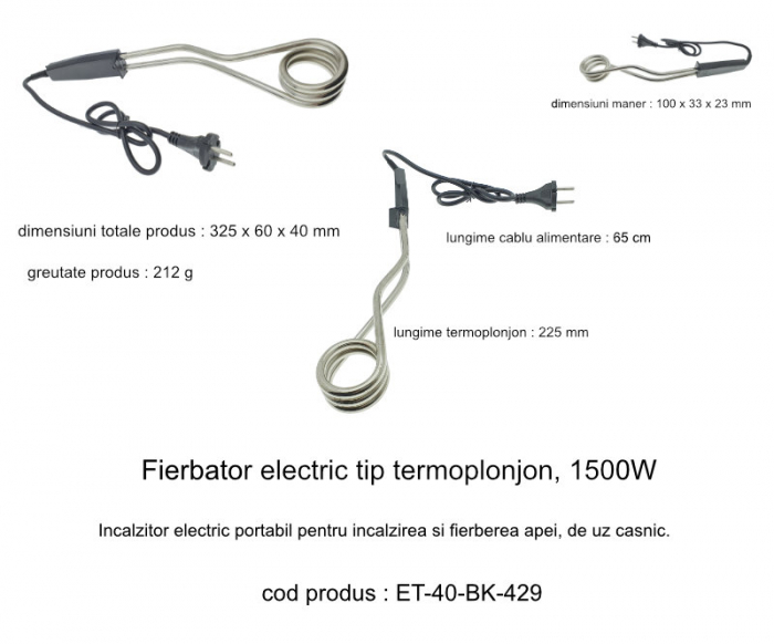 Fierbator electric tip termoplonjon, 1500W, lungime totala 32.5 cm, cablu alimentare 65 cm, negru [5]