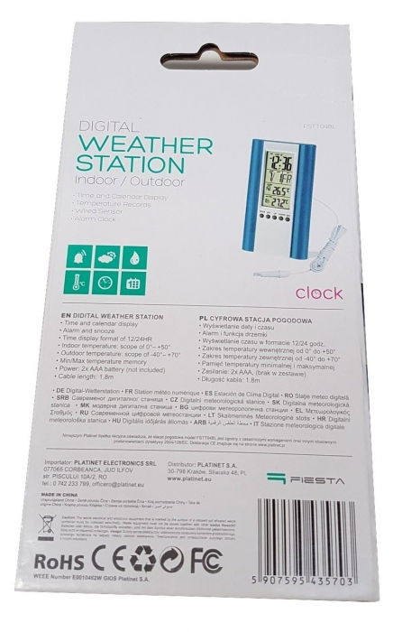 Statie Meteo Fiesta, ceas cu alarma, calendar, temperatura, Albastru [2]