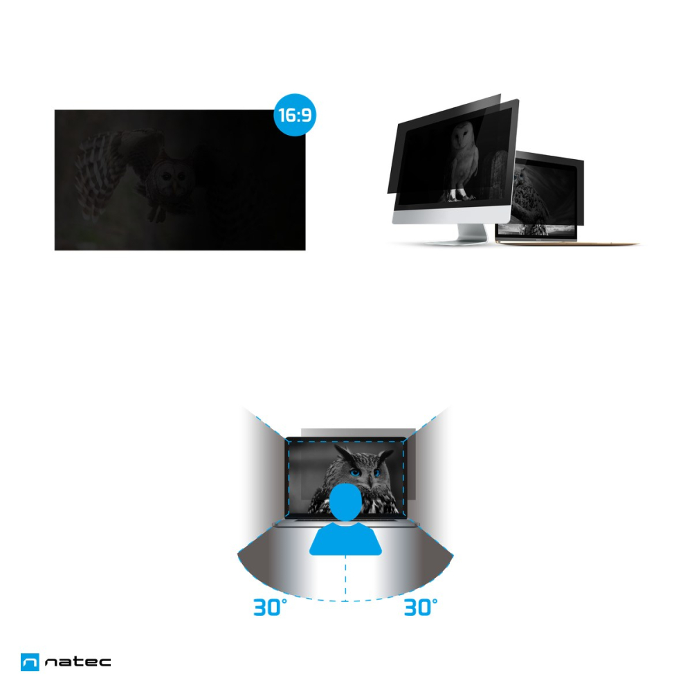 Filtru de confidentialitate Natec OWL pentru monitor 23,8 inch, format 16:9, tehnologie micro-louver, unghi de vizualizare 30 de grade, fata mata si fata lucioasa, transparent, NFP-1477 [4]