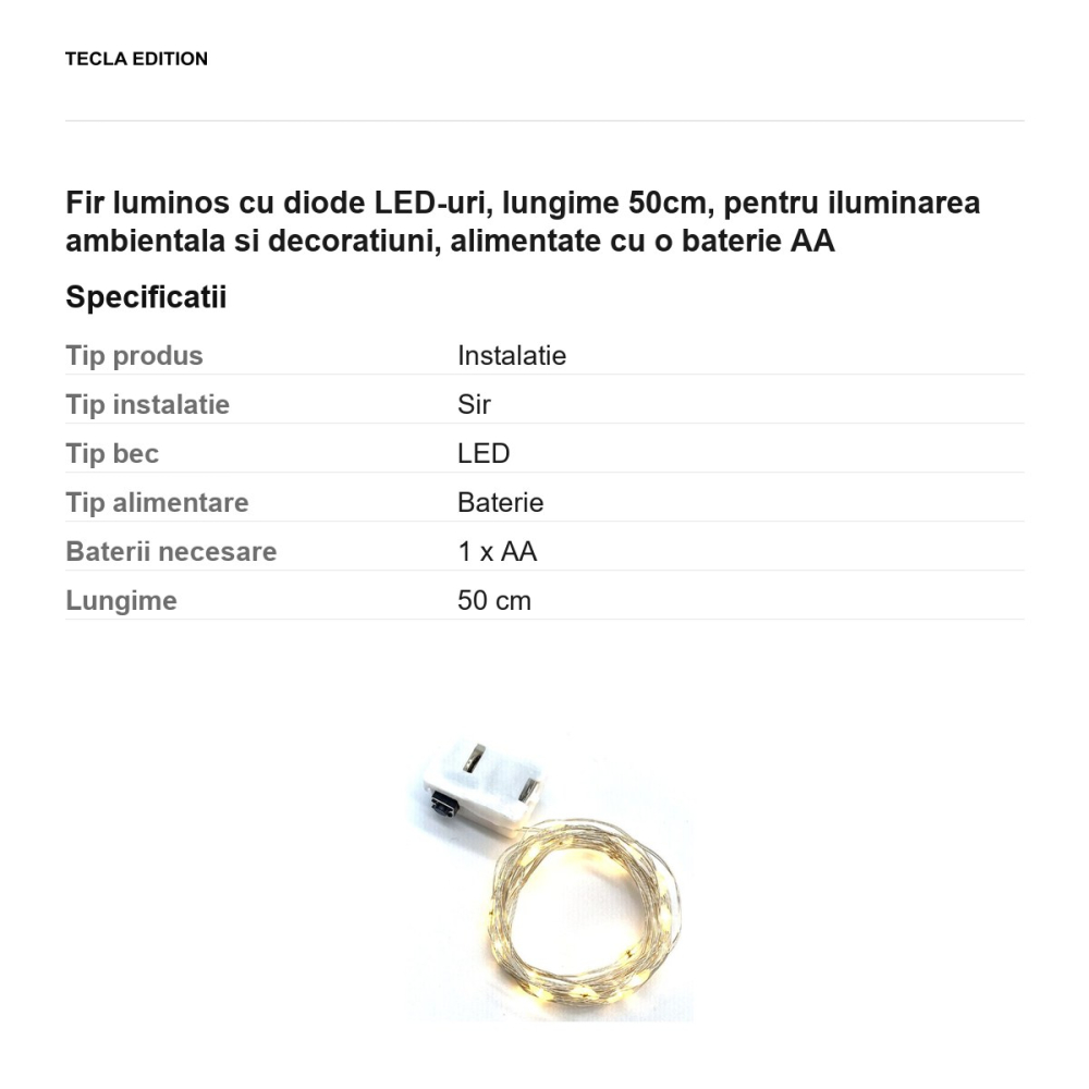 Fir luminos cu diode LED-uri, lungime 50cm, pentru iluminarea ambientala si decoratiuni, alimentate cu o baterie AA [3]