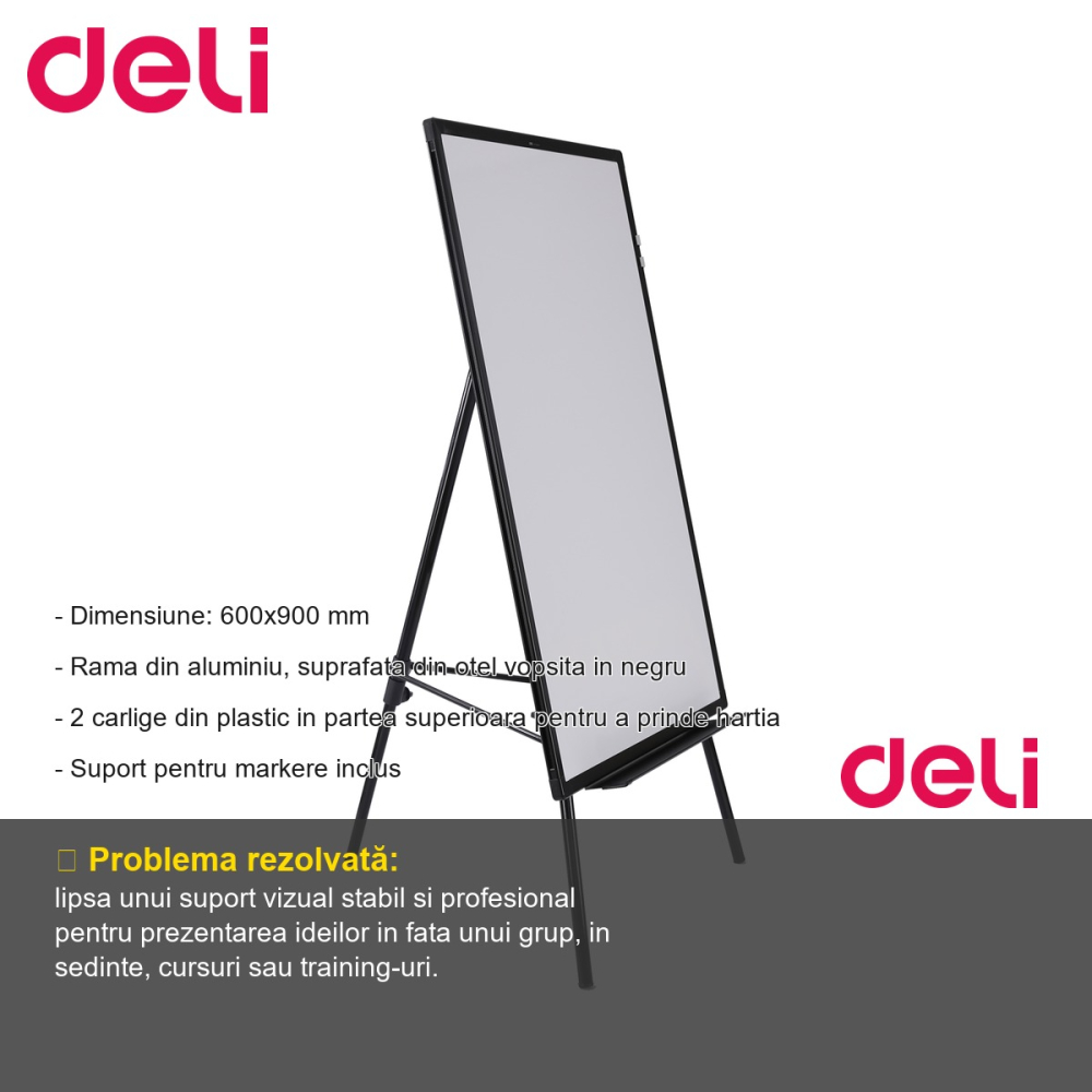 Flipchart magnetic Deli, rama aluminiu, suprafata otel, 60x90 cm, pentru prezentari profesionale [2]
