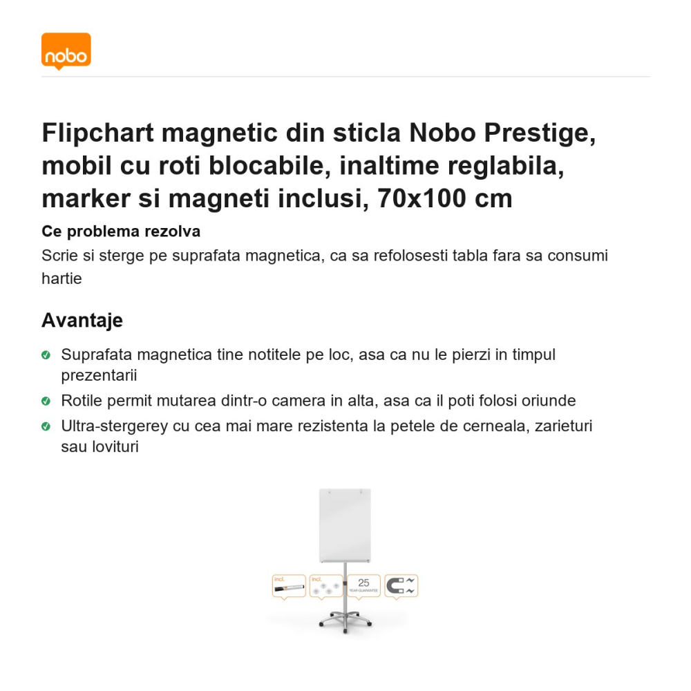 Flipchart magnetic din sticla Nobo Prestige, mobil cu roti blocabile, inaltime reglabila, marker si magneti inclusi, 70x100 cm [2]