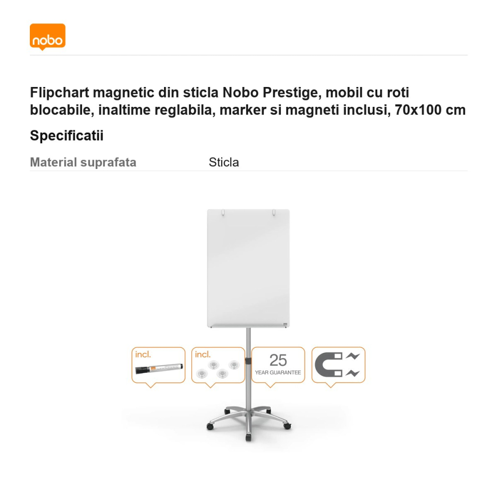Flipchart magnetic din sticla Nobo Prestige, mobil cu roti blocabile, inaltime reglabila, marker si magneti inclusi, 70x100 cm [3]