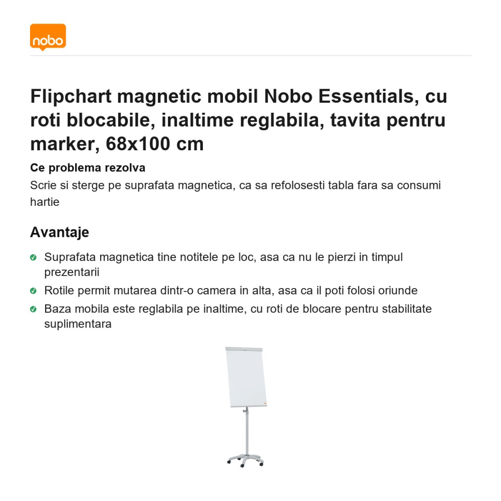 Flipchart magnetic mobil Nobo Essentials, cu roti blocabile, inaltime reglabila, tavita pentru marker, 68x100 cm [2]