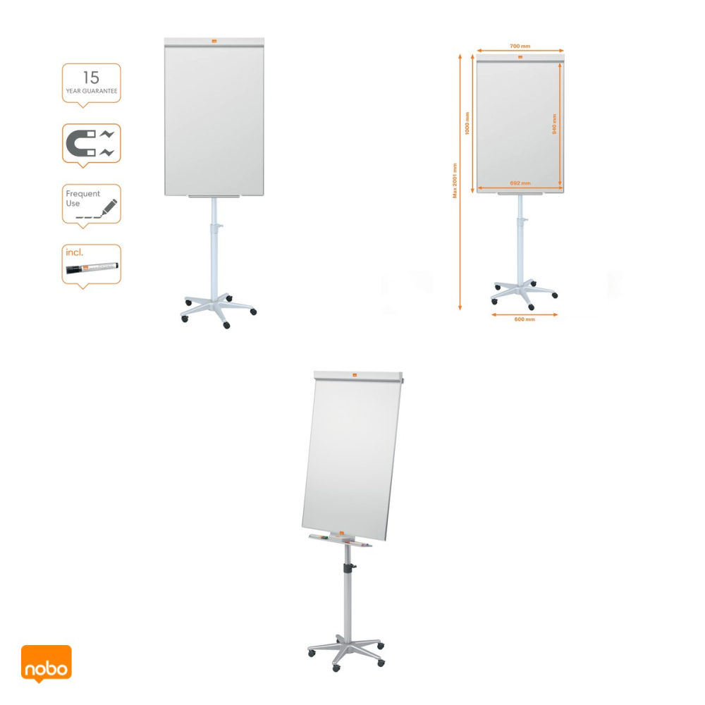 Flipchart magnetic mobil Nobo Impression Pro, cu roti, inaltime reglabila, suprafata din otel, marker si tavita incluse, 70x100 cm, alb [6]