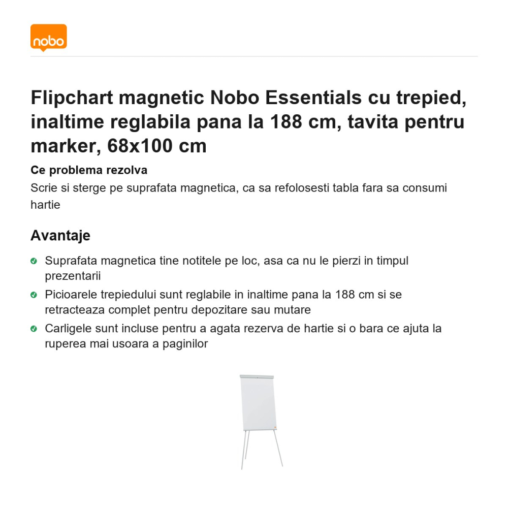 Flipchart magnetic Nobo Essentials cu trepied, inaltime reglabila pana la 188 cm, tavita pentru marker, 68x100 cm [2]