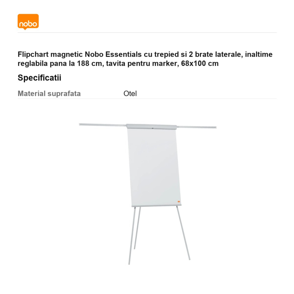 Flipchart magnetic Nobo Essentials cu trepied si 2 brate laterale, inaltime reglabila pana la 188 cm, tavita pentru marker, 68x100 cm [3]