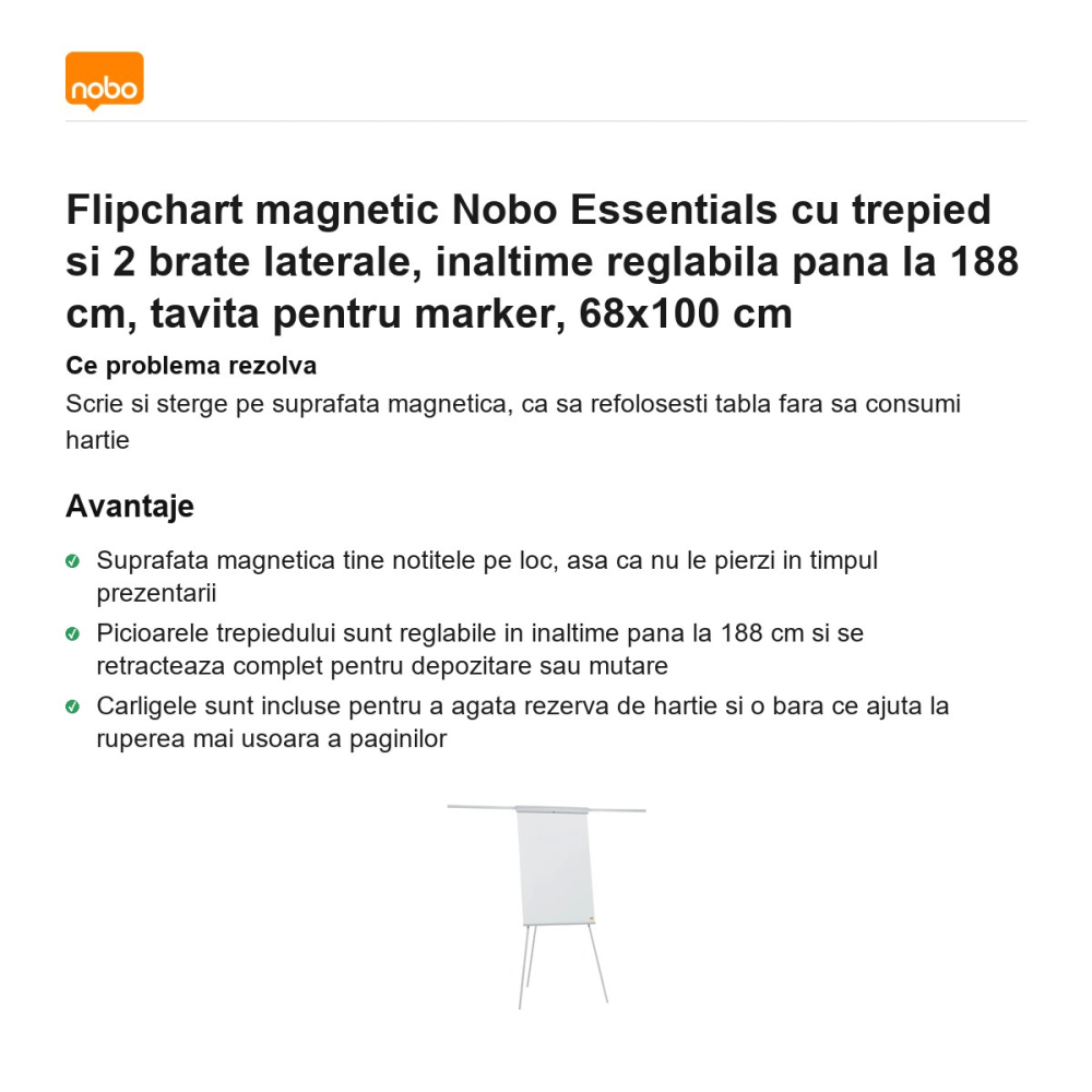 Flipchart magnetic Nobo Essentials cu trepied si 2 brate laterale, inaltime reglabila pana la 188 cm, tavita pentru marker, 68x100 cm [2]