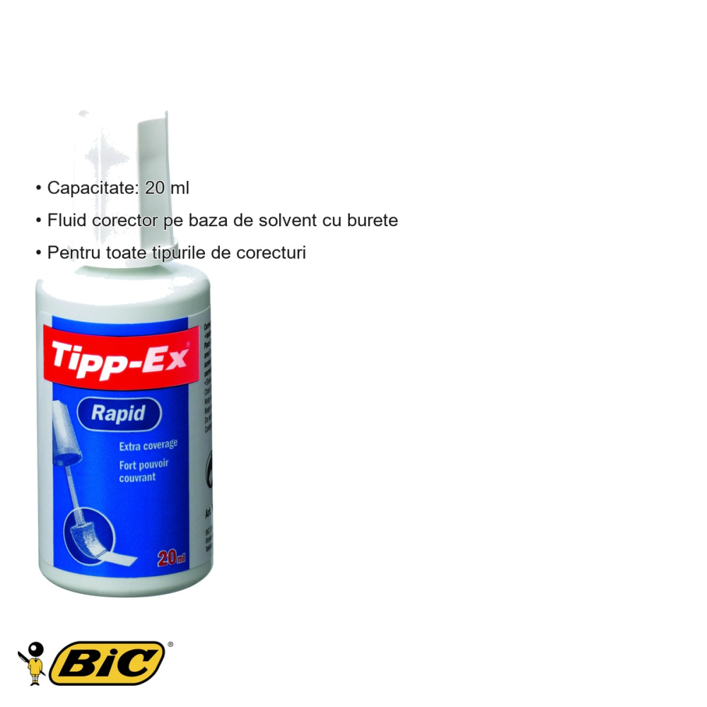 Fluid corector cu burete Bic Tipp-Ex Rapid, pe baza de solvent, uscare rapida, 20 ml [3]