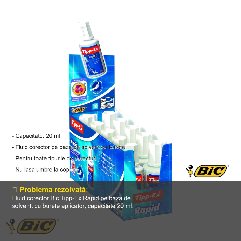 Fluid corector cu burete Bic Tipp-Ex Rapid, pe baza de solvent, uscare rapida, 20 ml [2]