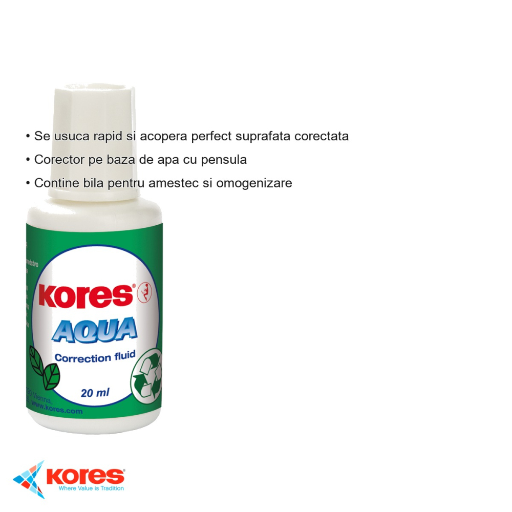 Fluid corector pe baza de apa Kores, 20 ml, cu pensula, uscare rapida, pentru birou si scoala [3]