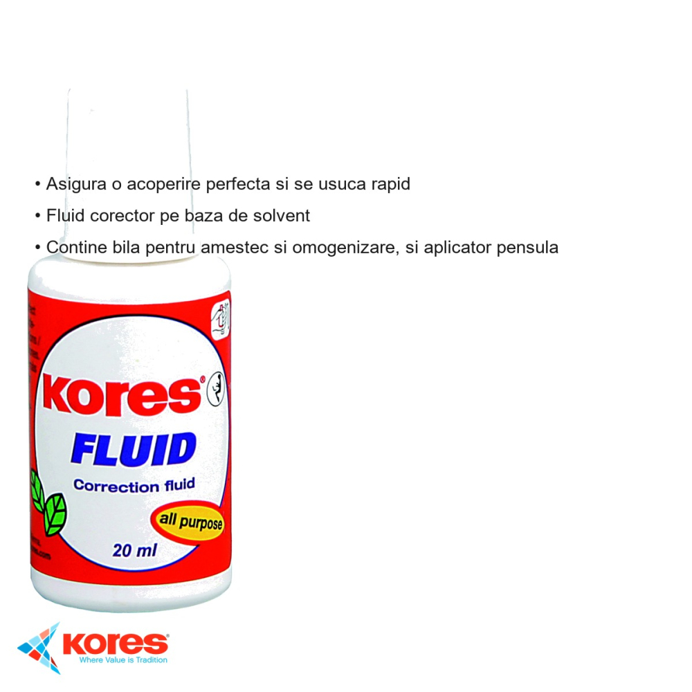 Fluid corector pe baza de solvent Kores, 20ml, cu pensula si bila de amestecare, uscare rapida [3]