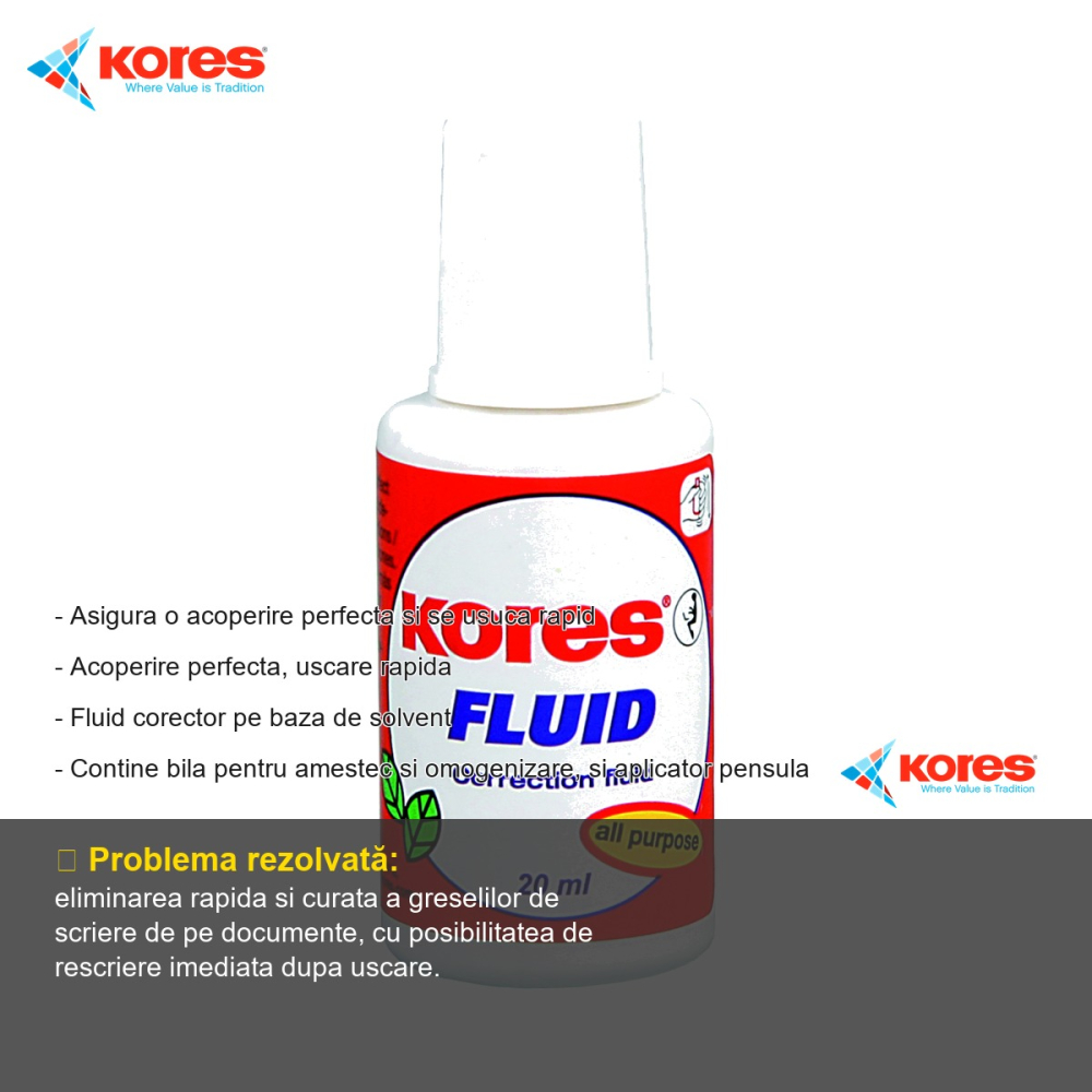 Fluid corector pe baza de solvent Kores, 20ml, cu pensula si bila de amestecare, uscare rapida [2]