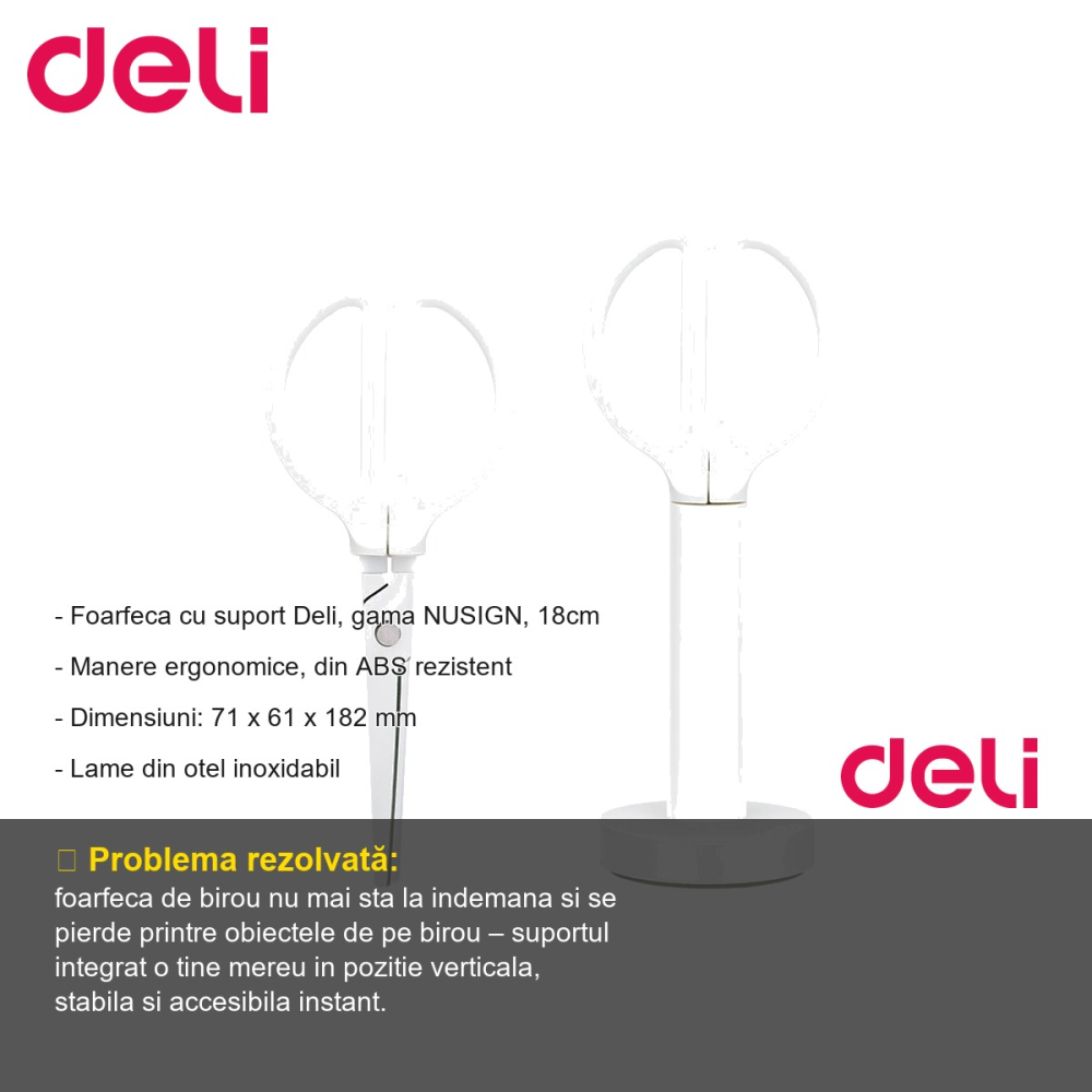 Foarfeca de birou cu suport Deli Nusign, lame inox, manere ergonomice, 18 cm, alba [2]