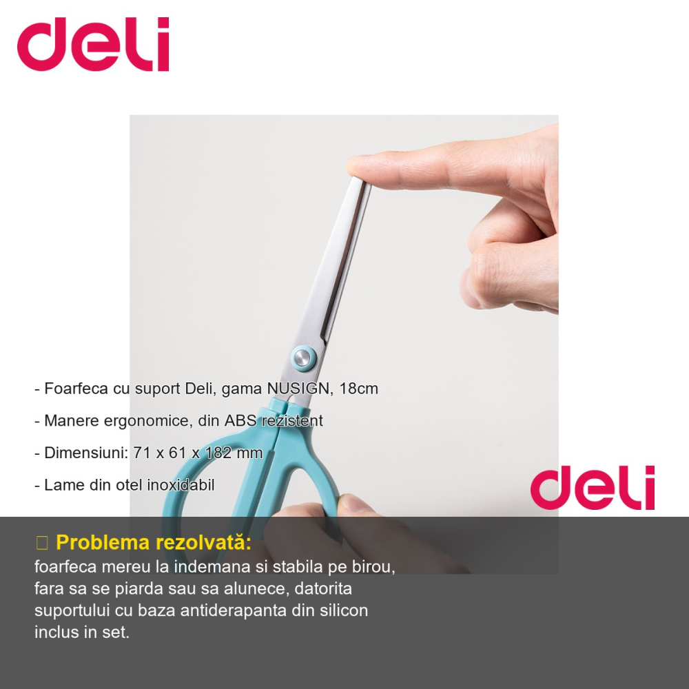 Foarfeca de birou cu suport Deli Nusign, lame inox, manere ergonomice, 18 cm, roz [2]