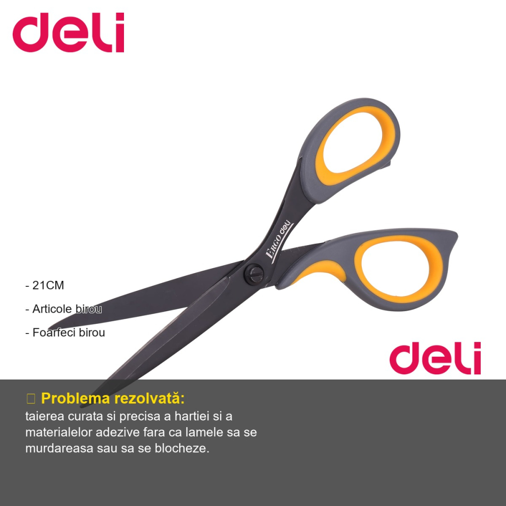 Foarfeca de birou Deli Expert, lama din otel inoxidabil 21 cm, maner ergonomic, non-stick [2]