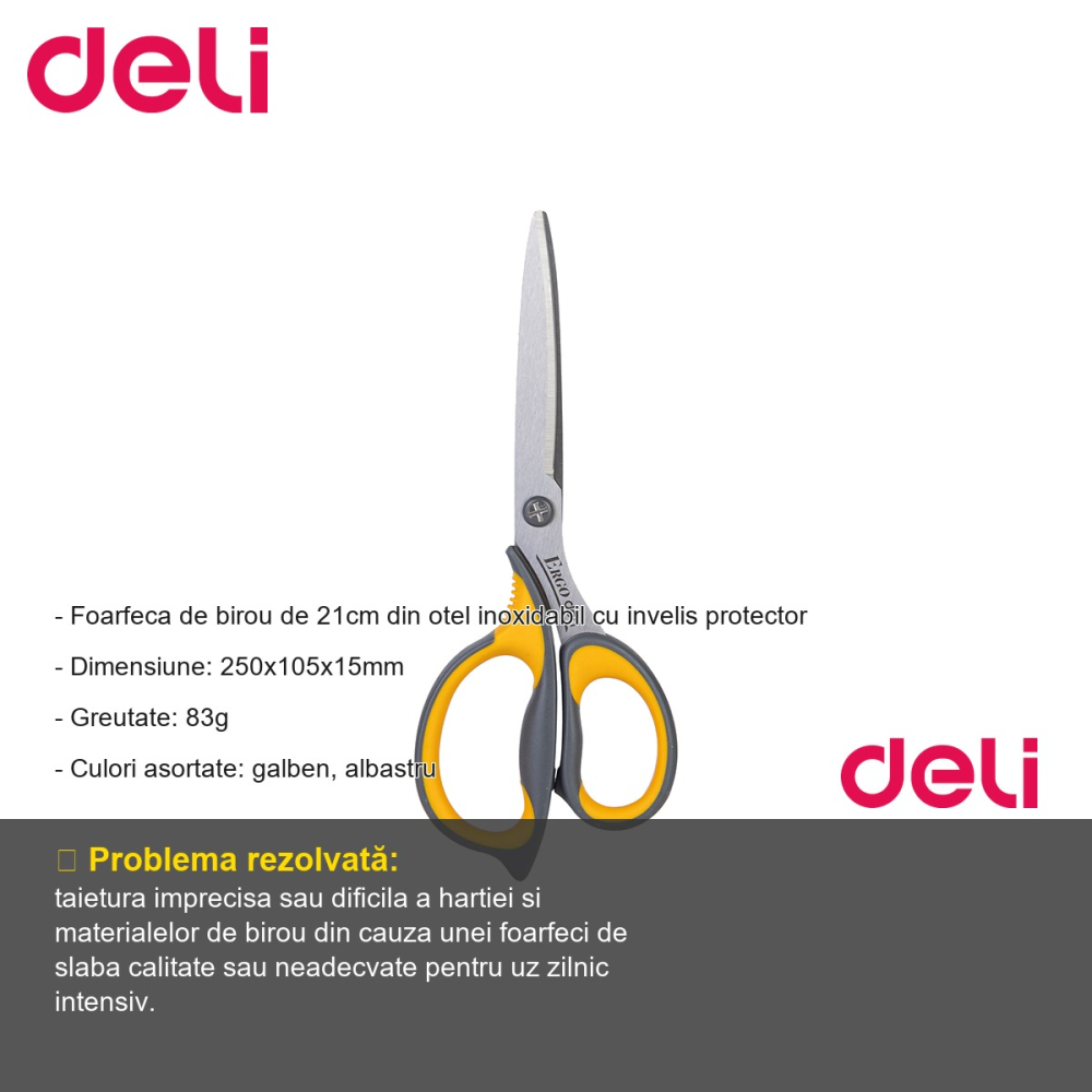 Foarfeca de birou Deli, lama din otel inoxidabil 21cm, grip confortabil, pentru uz zilnic la birou [2]