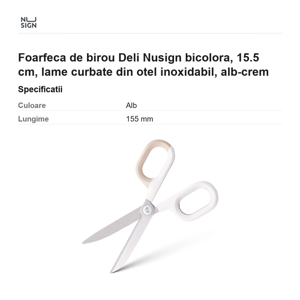 Foarfeca de birou Deli Nusign bicolora, 15.5 cm, lame curbate din otel inoxidabil, alb-crem [3]