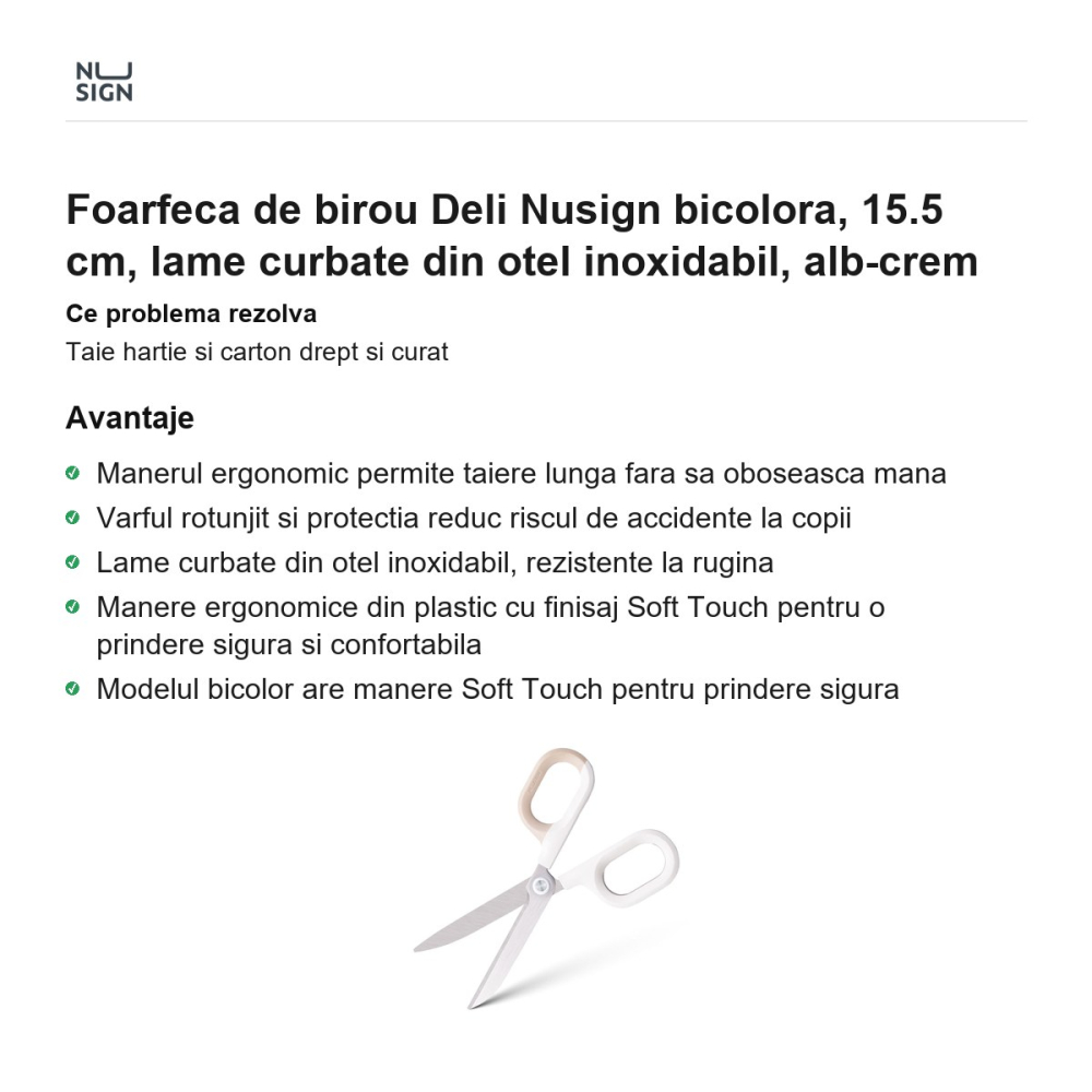Foarfeca de birou Deli Nusign bicolora, 15.5 cm, lame curbate din otel inoxidabil, alb-crem [2]
