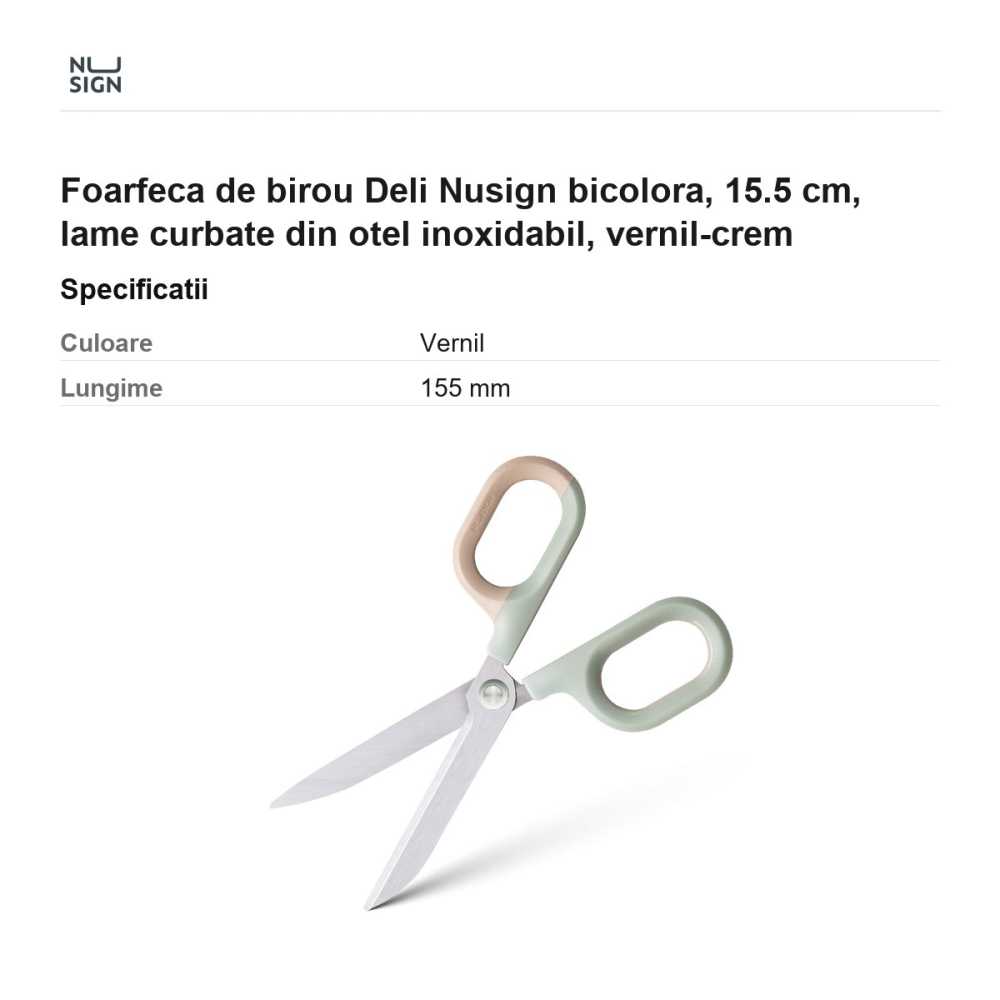 Foarfeca de birou Deli Nusign bicolora, 15.5 cm, lame curbate din otel inoxidabil, vernil-crem [3]