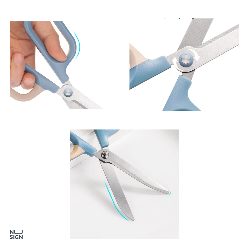 Foarfeca de birou Deli Nusign bicolora, 18 cm, lame curbate din otel inoxidabil, bleu-crem [4]