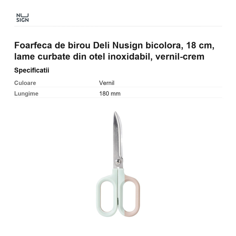 Foarfeca de birou Deli Nusign bicolora, 18 cm, lame curbate din otel inoxidabil, vernil-crem [3]