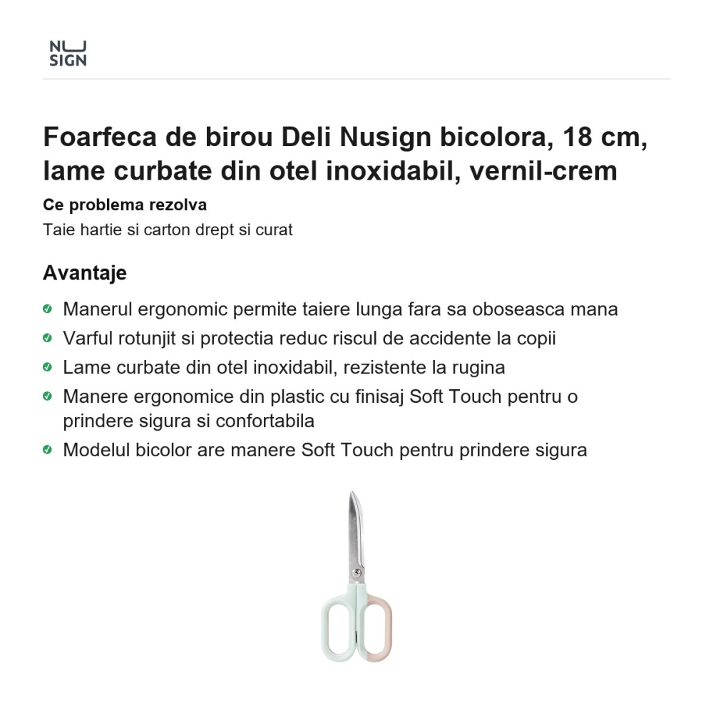 Foarfeca de birou Deli Nusign bicolora, 18 cm, lame curbate din otel inoxidabil, vernil-crem [2]