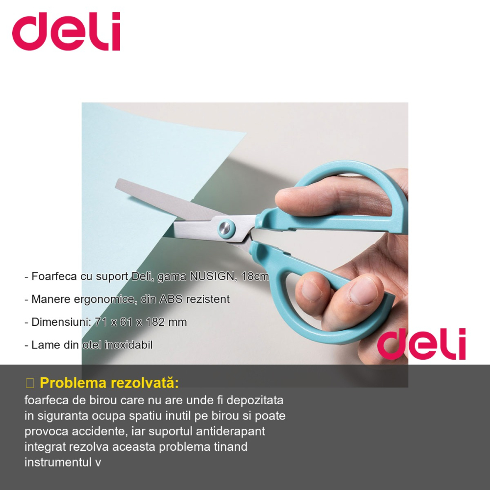 Foarfeca de birou Deli NuSign cu suport, lame inox, manere ergonomice, 18 cm, albastra [2]