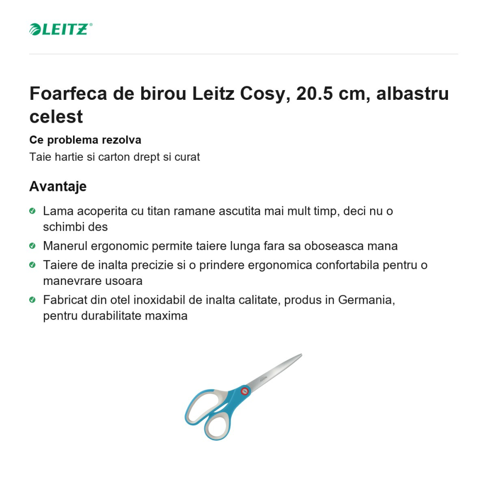 Foarfeca de birou Leitz Cosy, 20.5 cm, albastru celest [2]