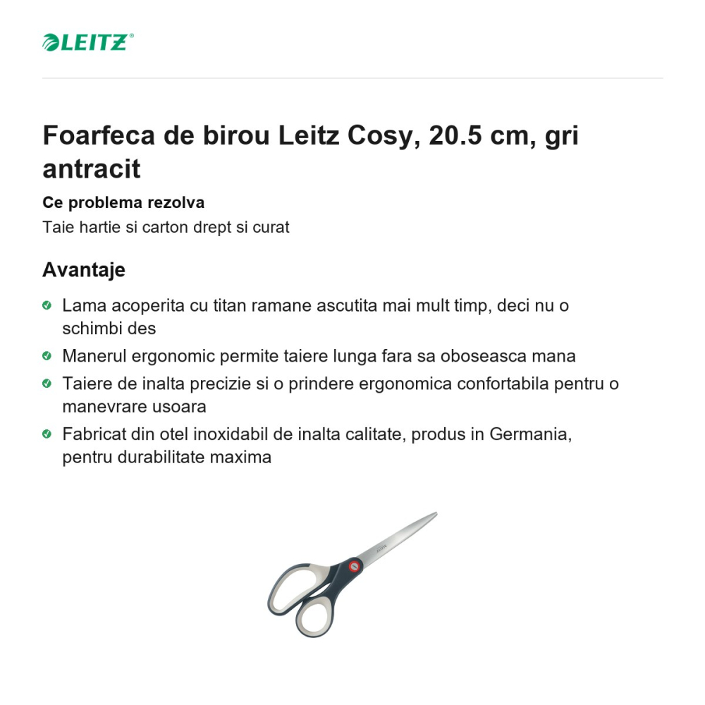 Foarfeca de birou Leitz Cosy, 20.5 cm, gri antracit [2]