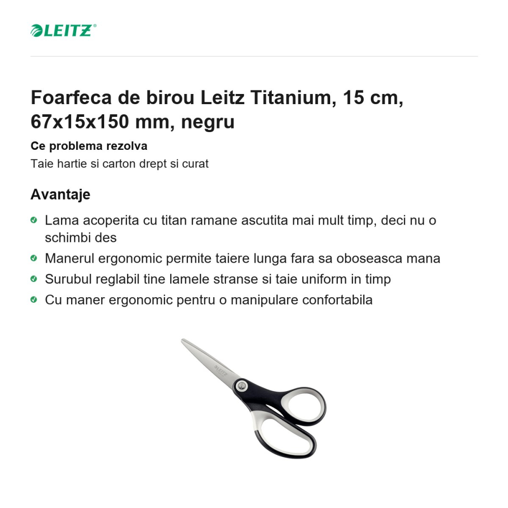 Foarfeca de birou Leitz Titanium, 15 cm, 67x15x150 mm, negru [2]