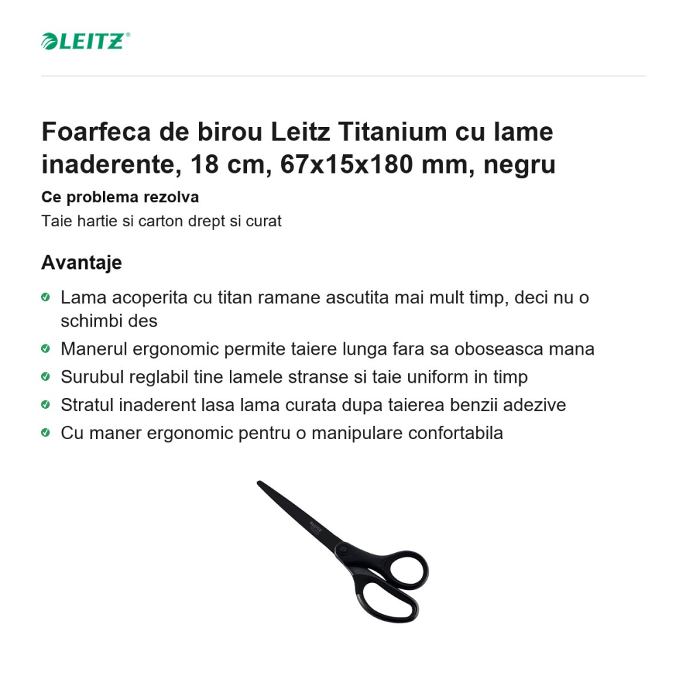 Foarfeca de birou Leitz Titanium cu lame inaderente, 18 cm, 67x15x180 mm, negru [2]