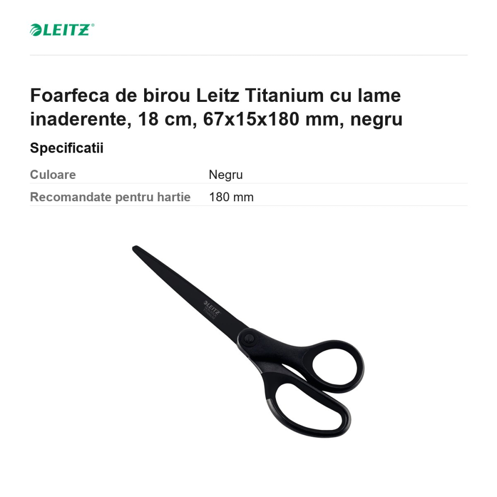 Foarfeca de birou Leitz Titanium cu lame inaderente, 18 cm, 67x15x180 mm, negru [3]