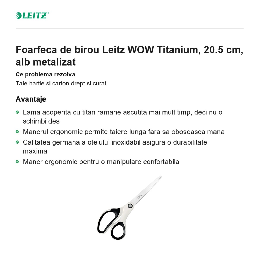 Foarfeca de birou Leitz WOW Titanium, 20.5 cm, alb metalizat [2]