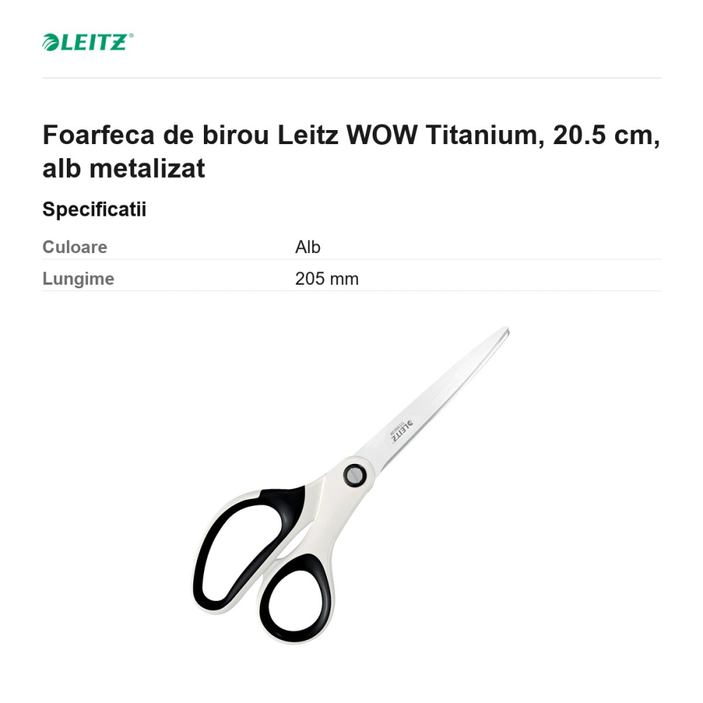 Foarfeca de birou Leitz WOW Titanium, 20.5 cm, alb metalizat [3]