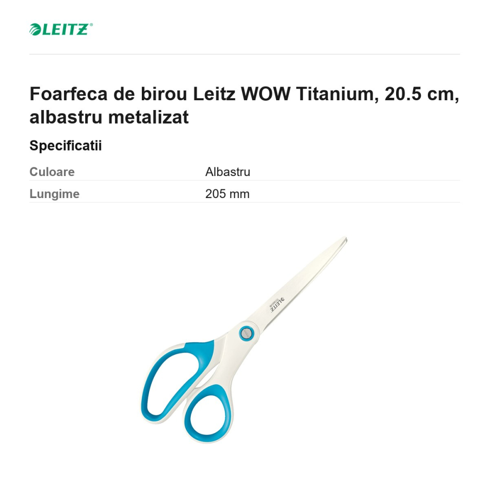 Foarfeca de birou Leitz WOW Titanium, 20.5 cm, albastru metalizat [3]