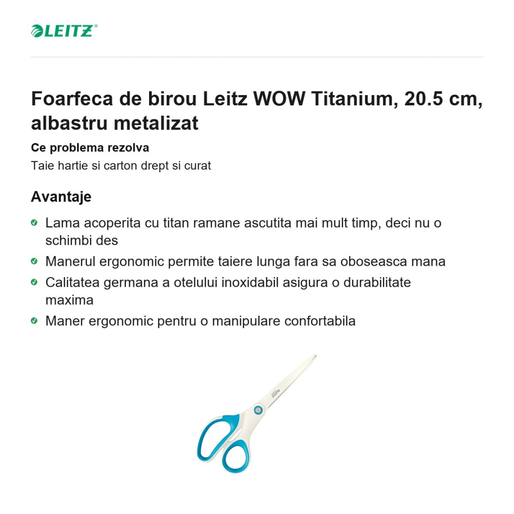 Foarfeca de birou Leitz WOW Titanium, 20.5 cm, albastru metalizat [2]