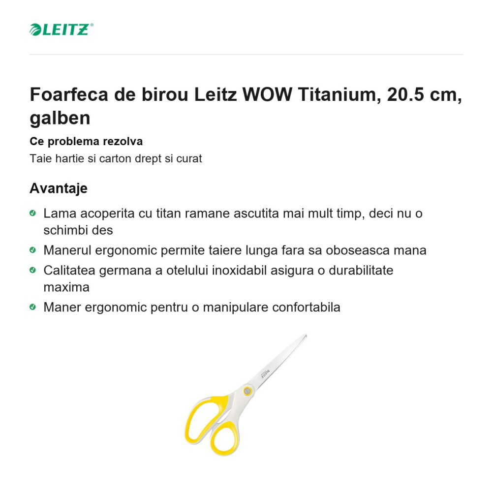 Foarfeca de birou Leitz WOW Titanium, 20.5 cm, galben [2]