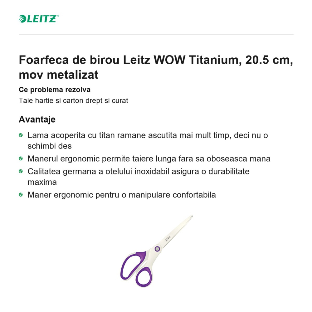 Foarfeca de birou Leitz WOW Titanium, 20.5 cm, mov metalizat [2]