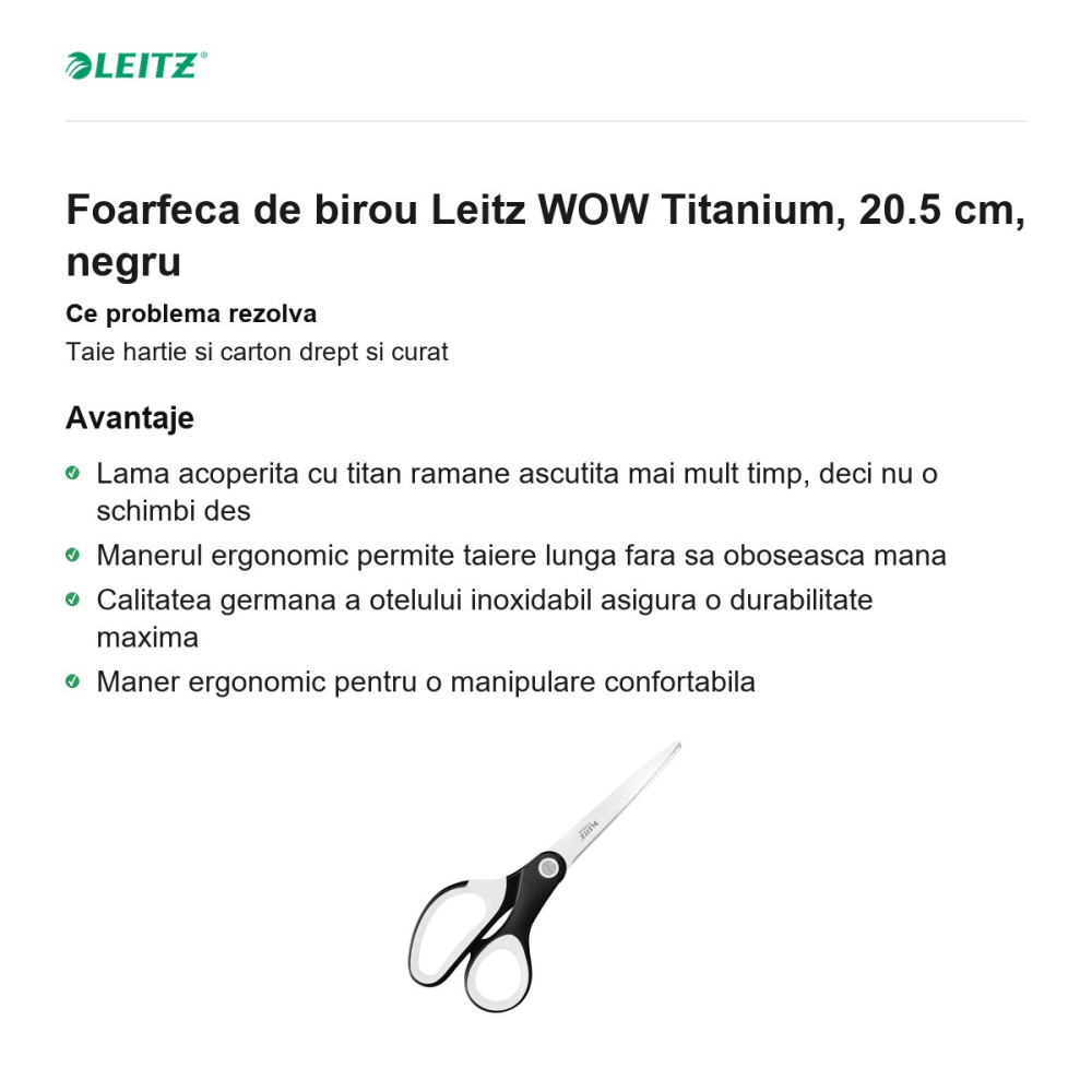 Foarfeca de birou Leitz WOW Titanium, 20.5 cm, negru [2]