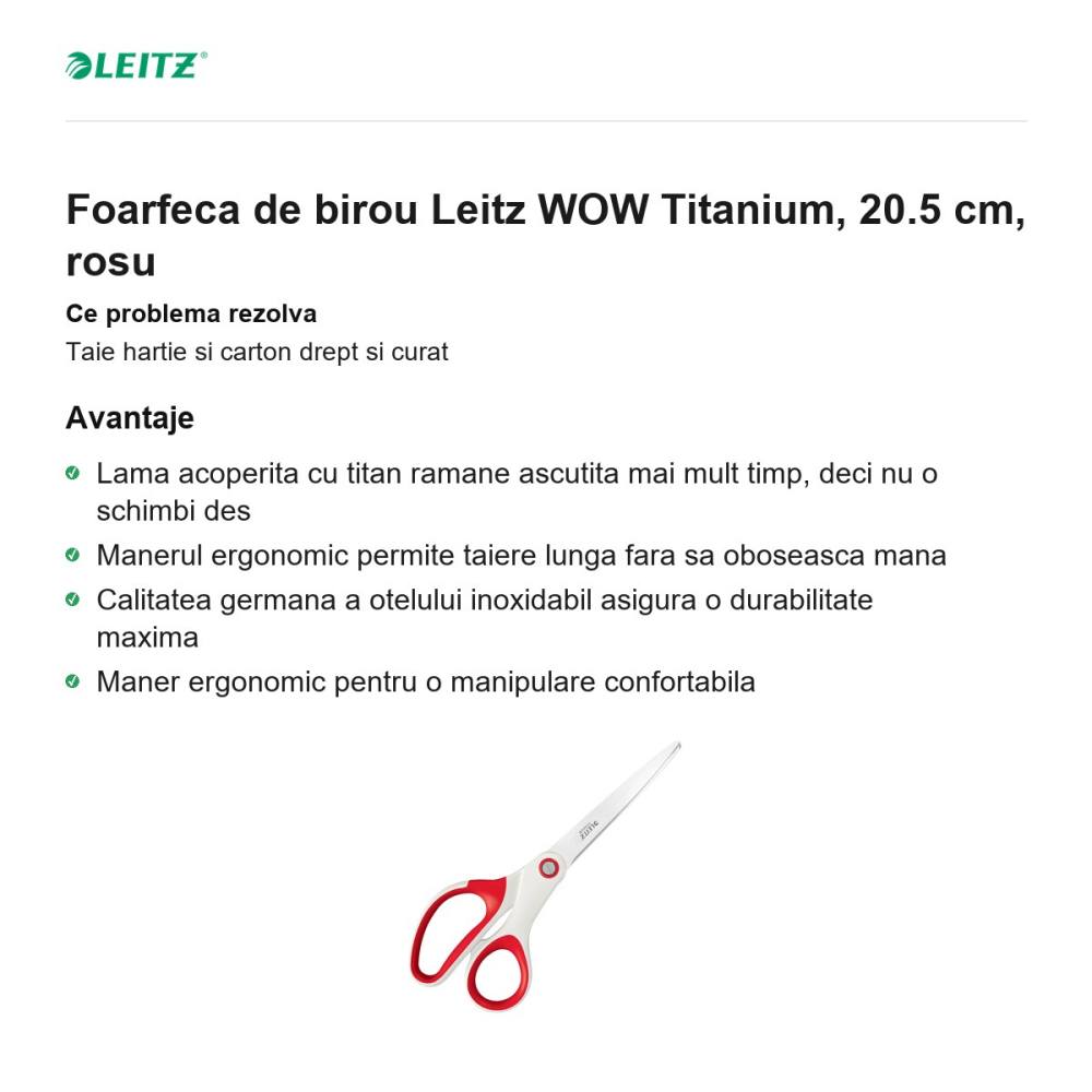 Foarfeca de birou Leitz WOW Titanium, 20.5 cm, rosu [2]
