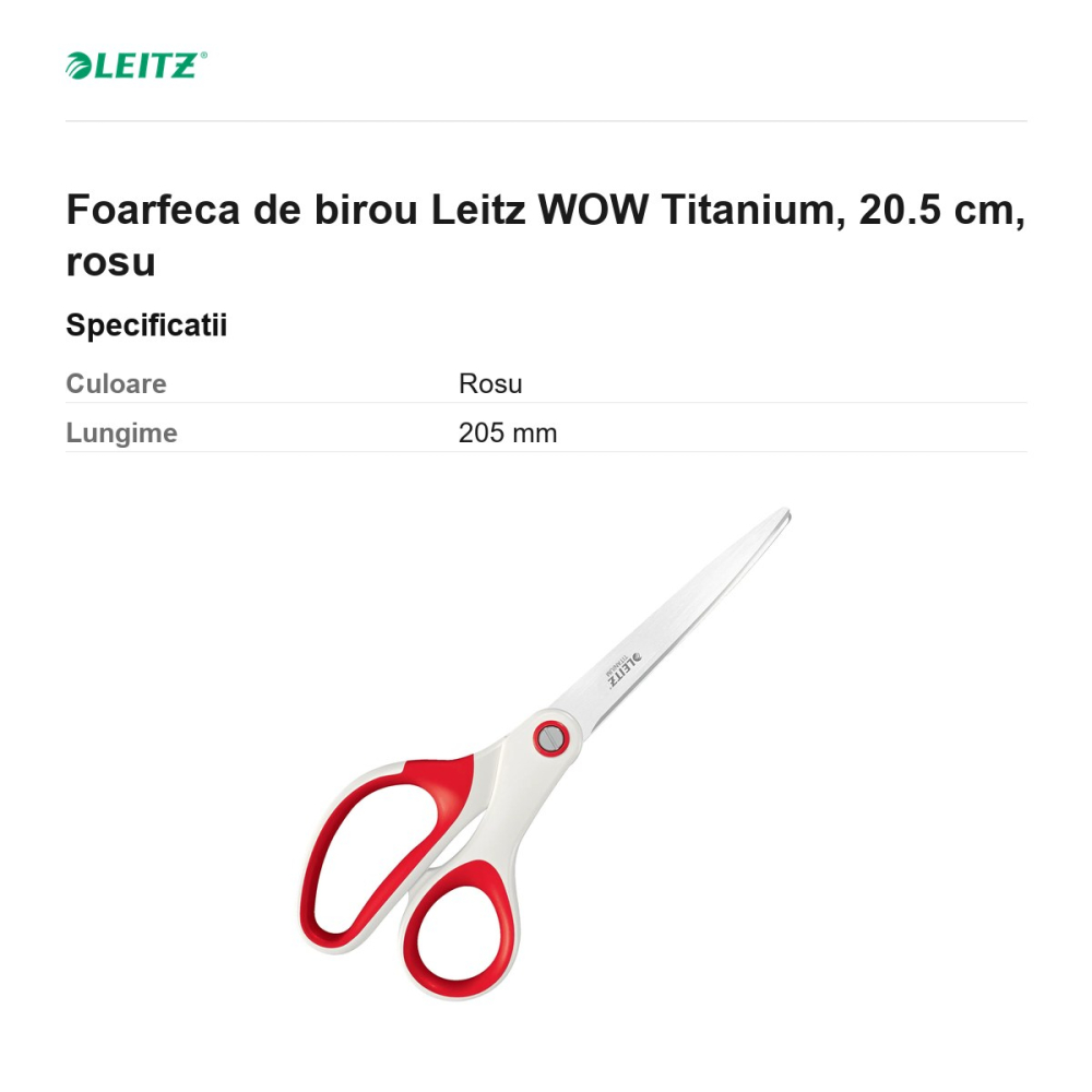 Foarfeca de birou Leitz WOW Titanium, 20.5 cm, rosu [3]