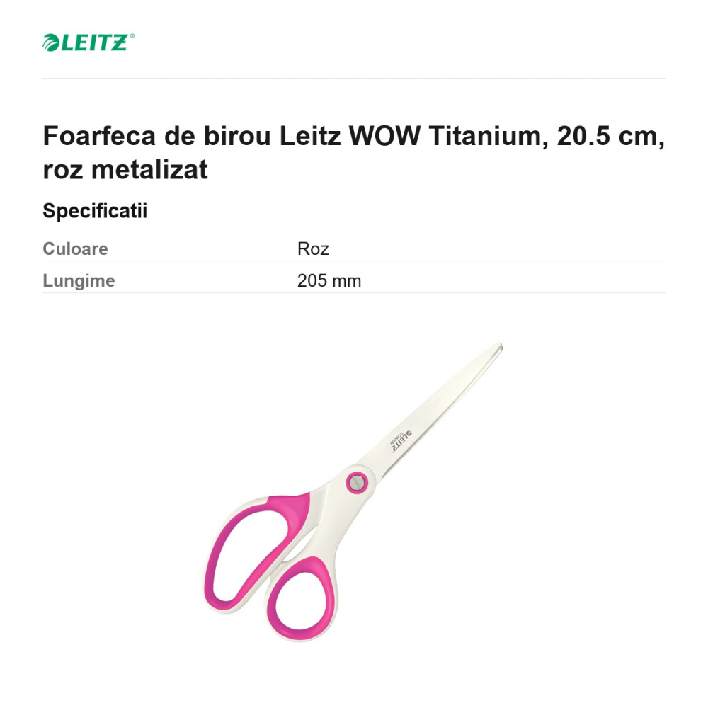 Foarfeca de birou Leitz WOW Titanium, 20.5 cm, roz metalizat [3]