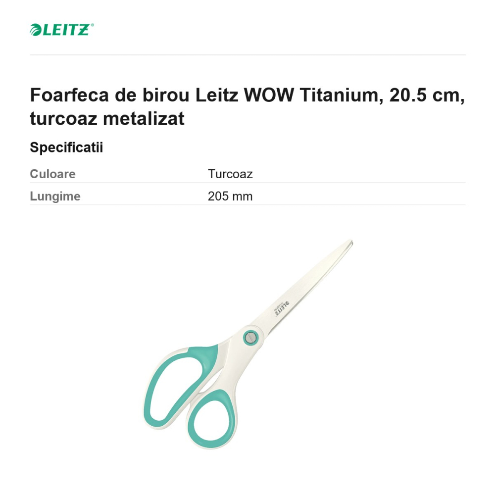 Foarfeca de birou Leitz WOW Titanium, 20.5 cm, turcoaz metalizat [3]